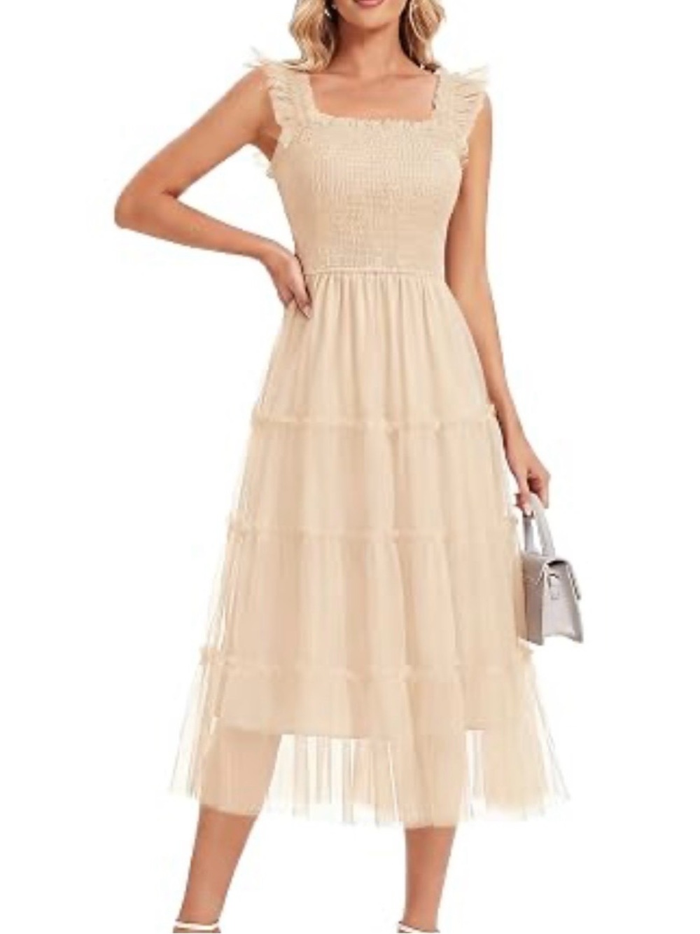 NWT Pretty Garden Size L Cream Tulle Midi Dress Cottagecore Romantic Smocked